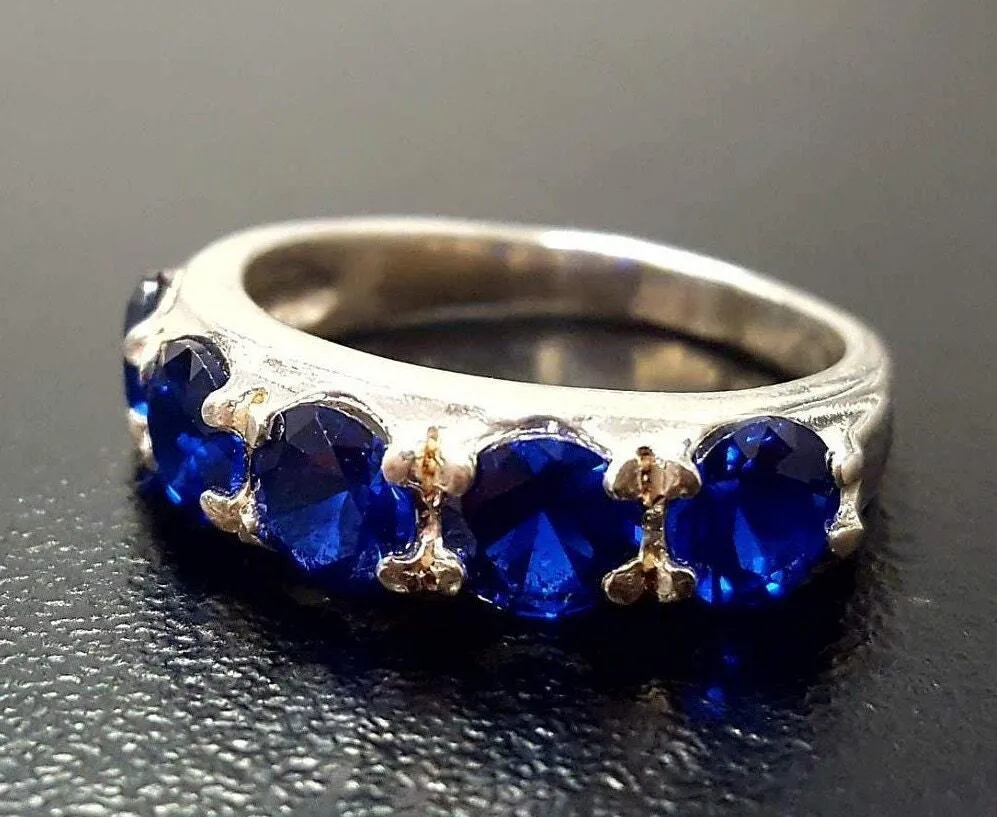 Blue Sapphire Ring - Half Eternity Sapphire Ring - Blue Wide Band