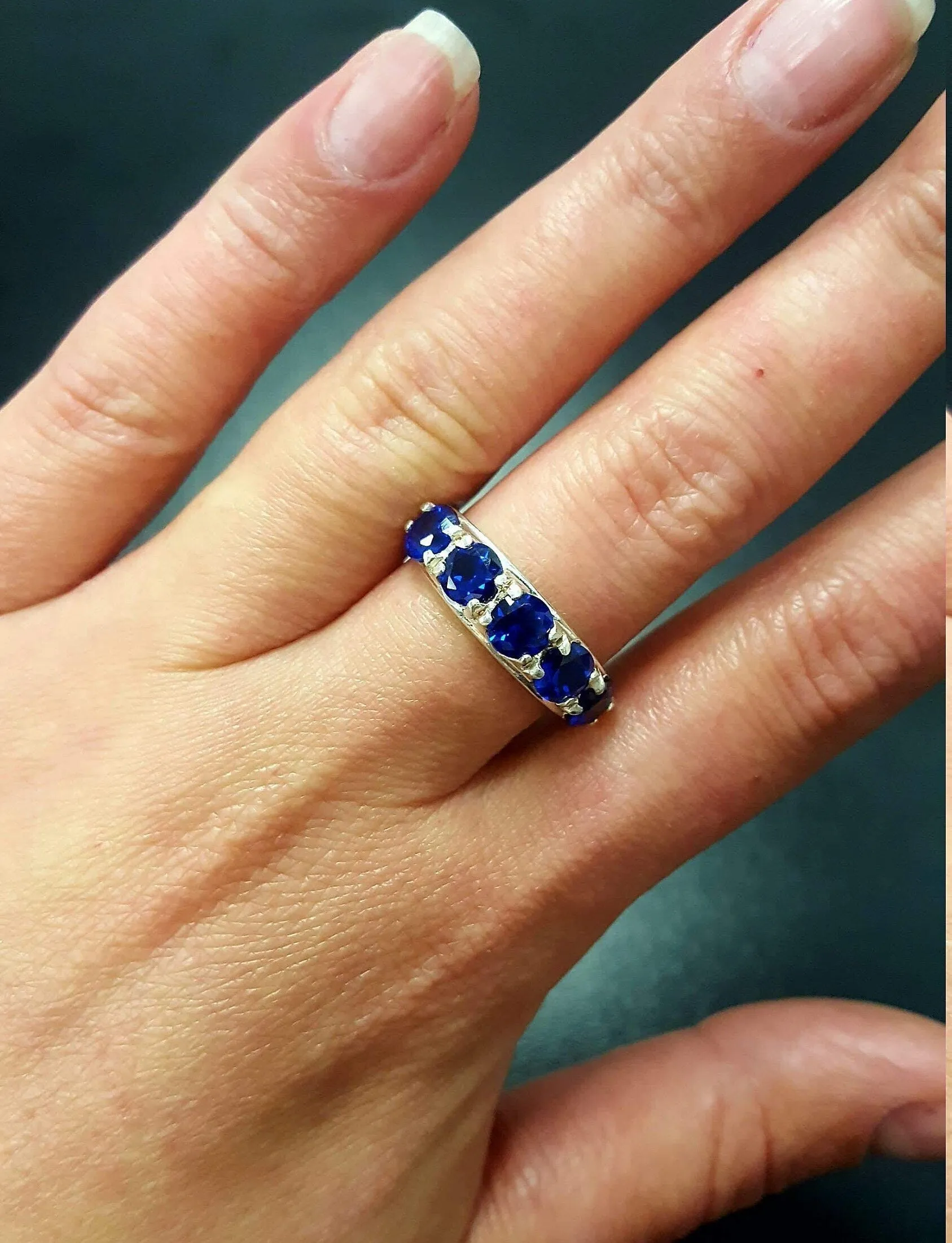 Blue Sapphire Ring - Half Eternity Sapphire Ring - Blue Wide Band