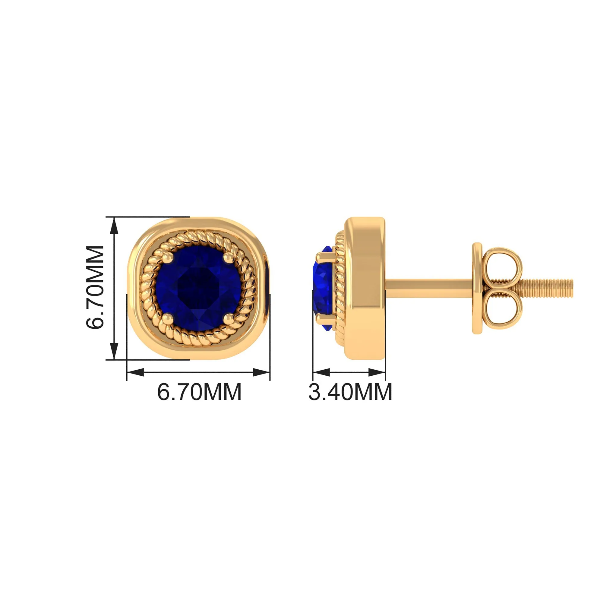 Blue Sapphire Solitaire Stud Earrings with Rope Frame Embellishment