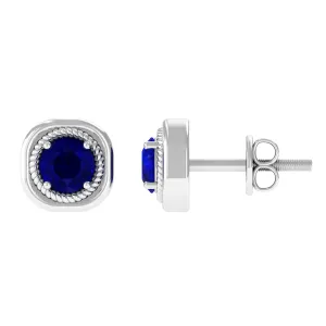 Blue Sapphire Solitaire Stud Earrings with Rope Frame Embellishment