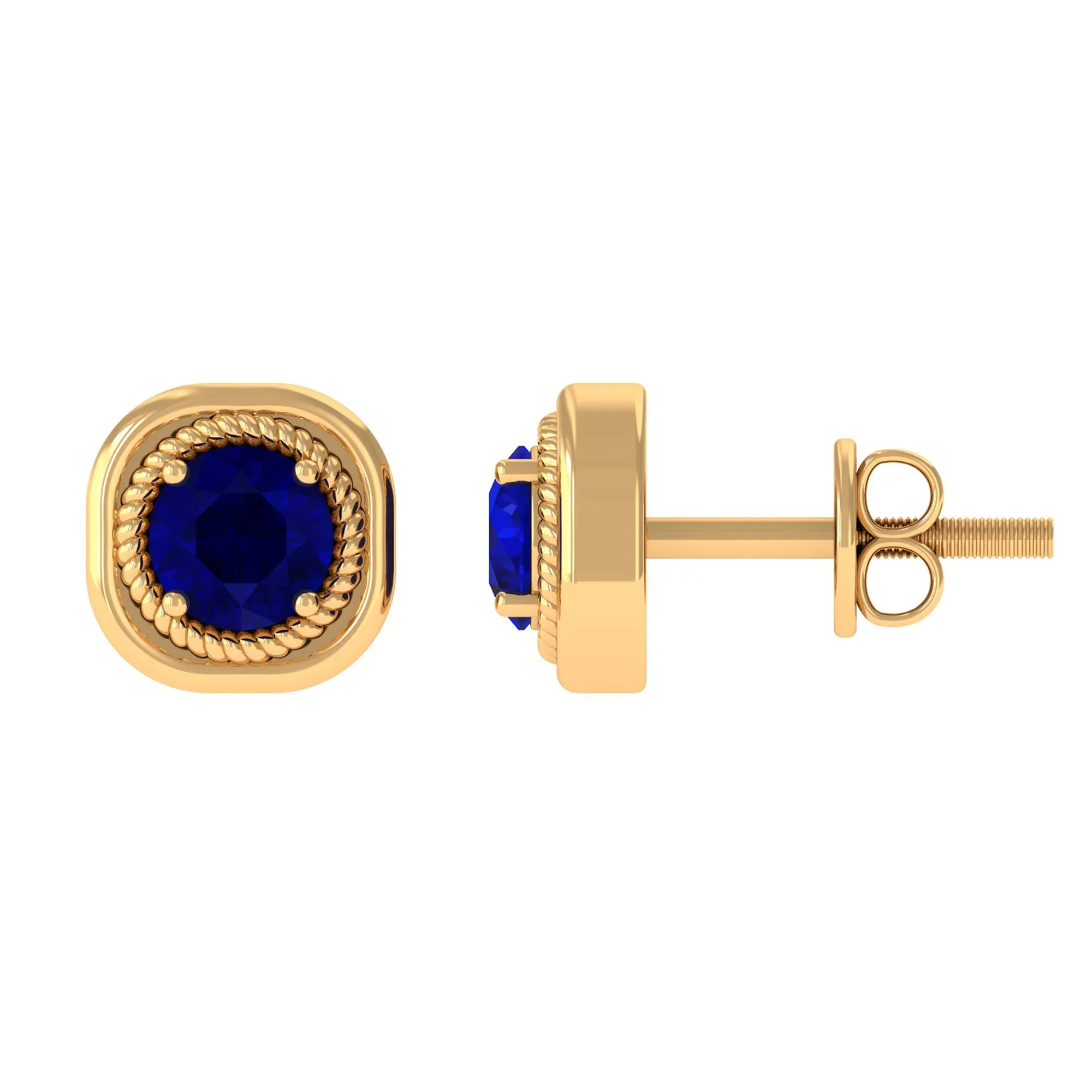 Blue Sapphire Solitaire Stud Earrings with Rope Frame Embellishment