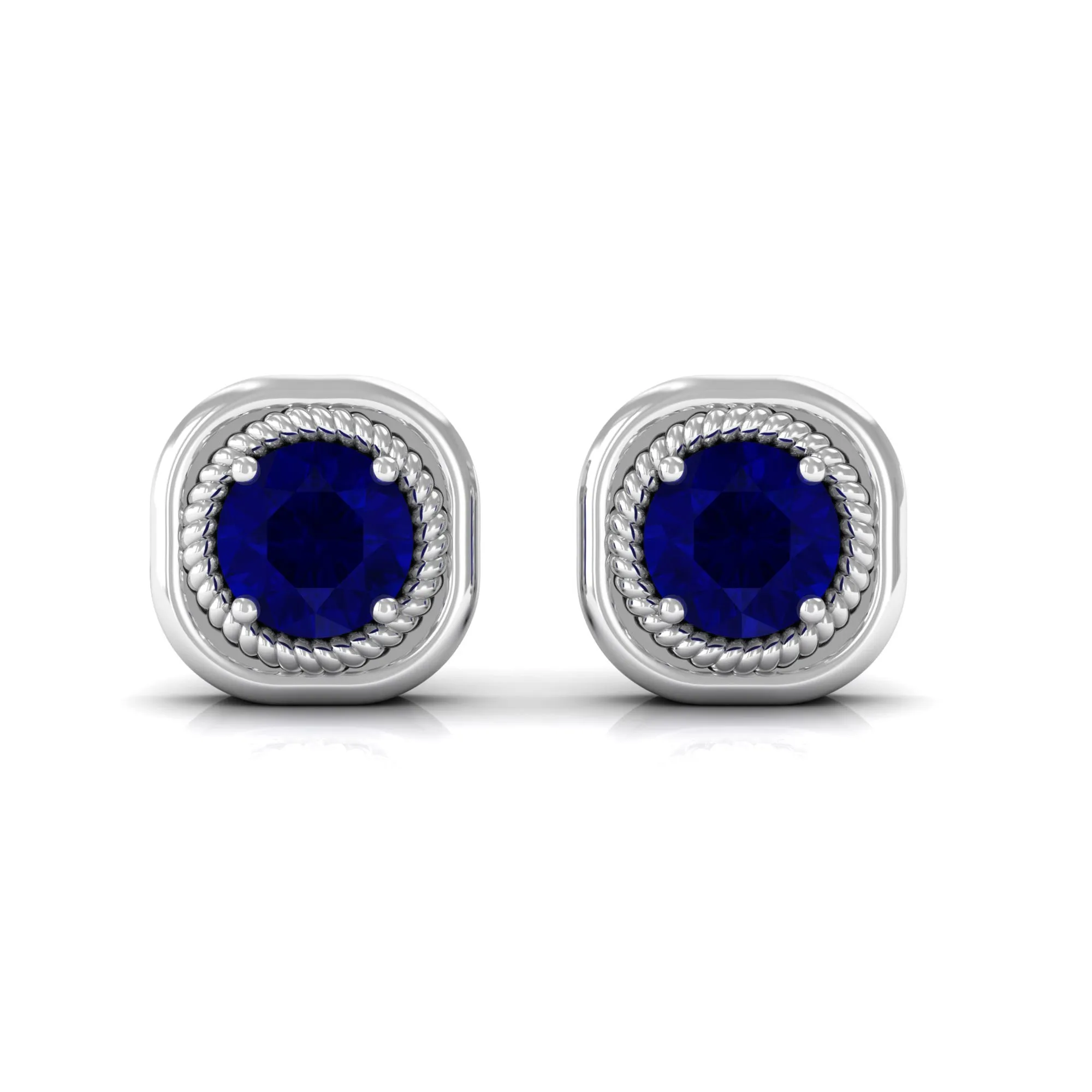 Blue Sapphire Solitaire Stud Earrings with Rope Frame Embellishment