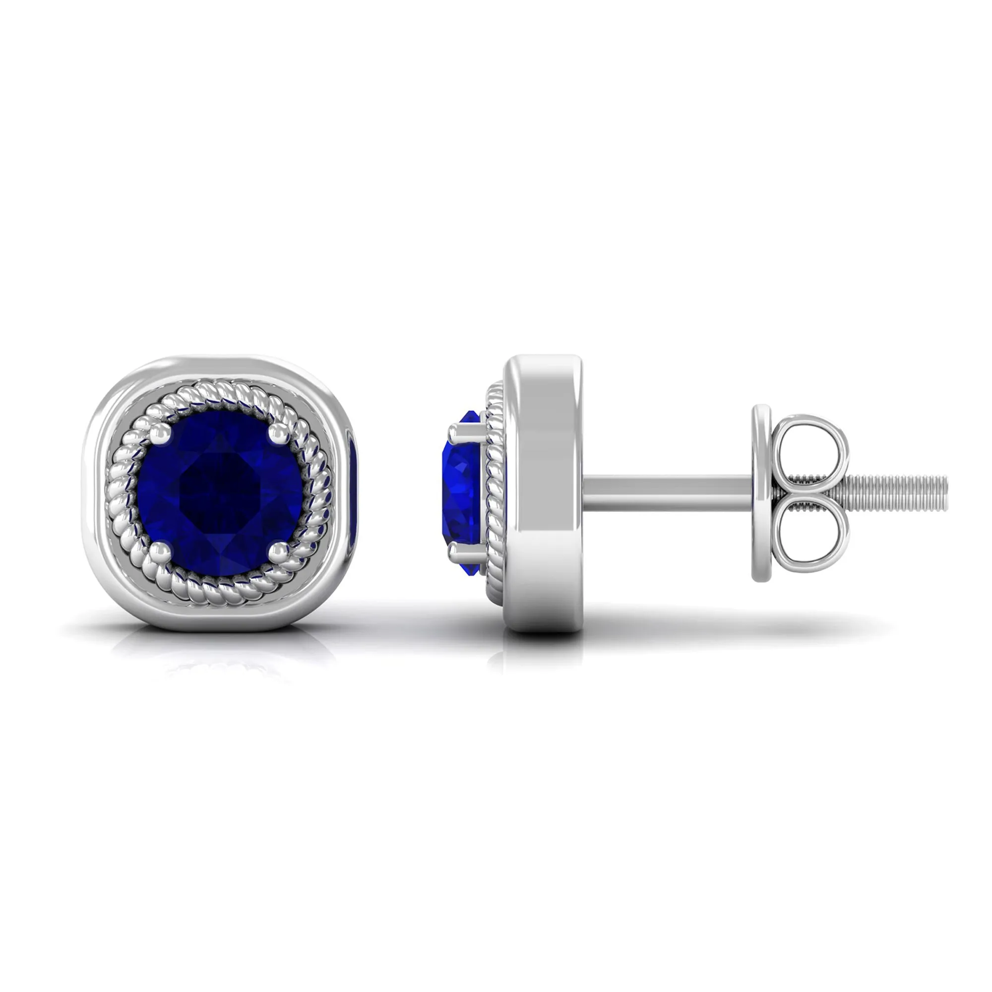 Blue Sapphire Solitaire Stud Earrings with Rope Frame Embellishment