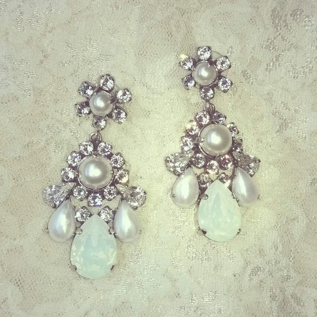 Bridal Pearl Earrings Crystal Chandelier Pierced