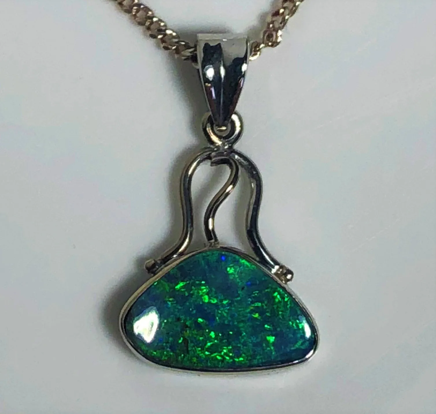 Bright Green solid boulder opal 18k white Gold Pendant