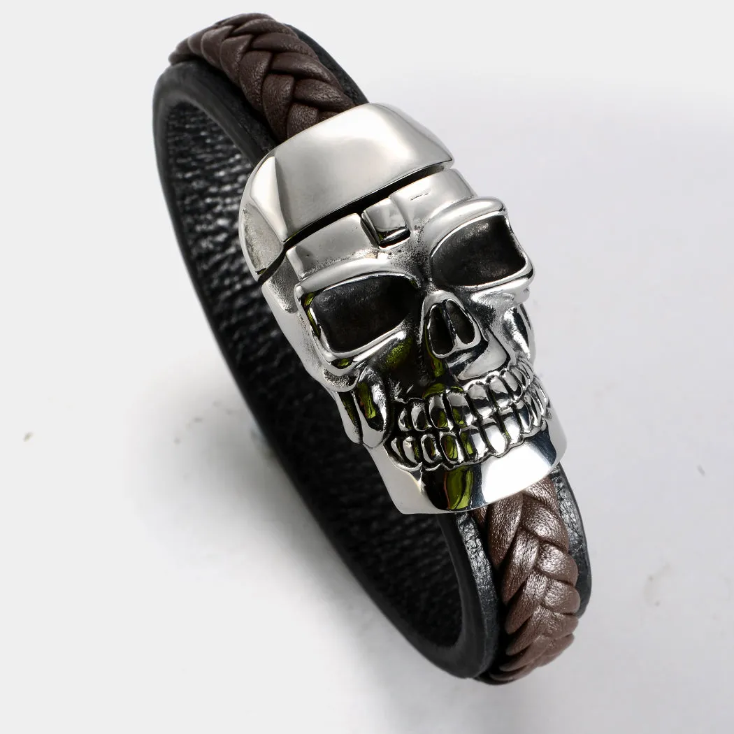 Brown Metal Big Skull Face Leather Bracelet