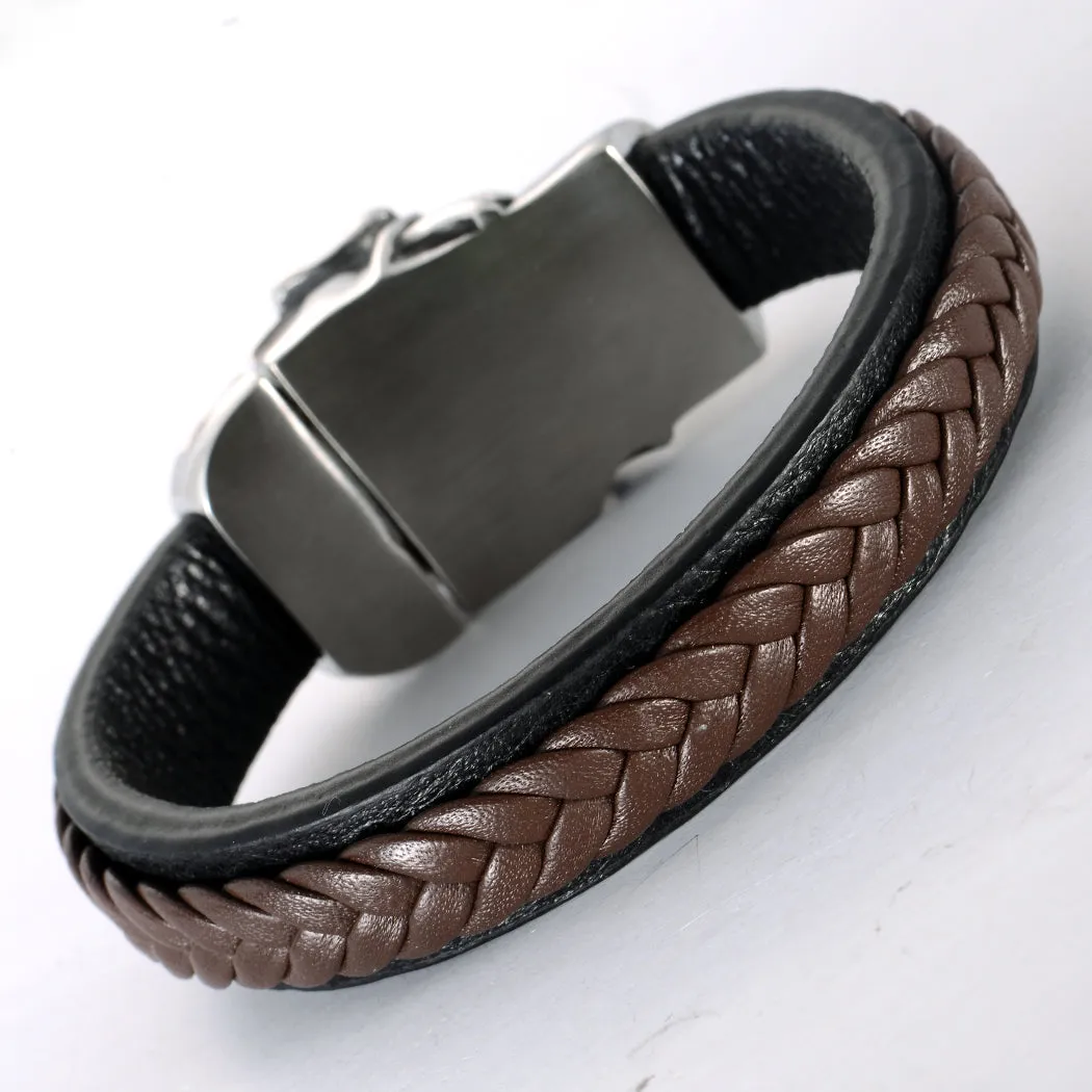 Brown Metal Big Skull Face Leather Bracelet