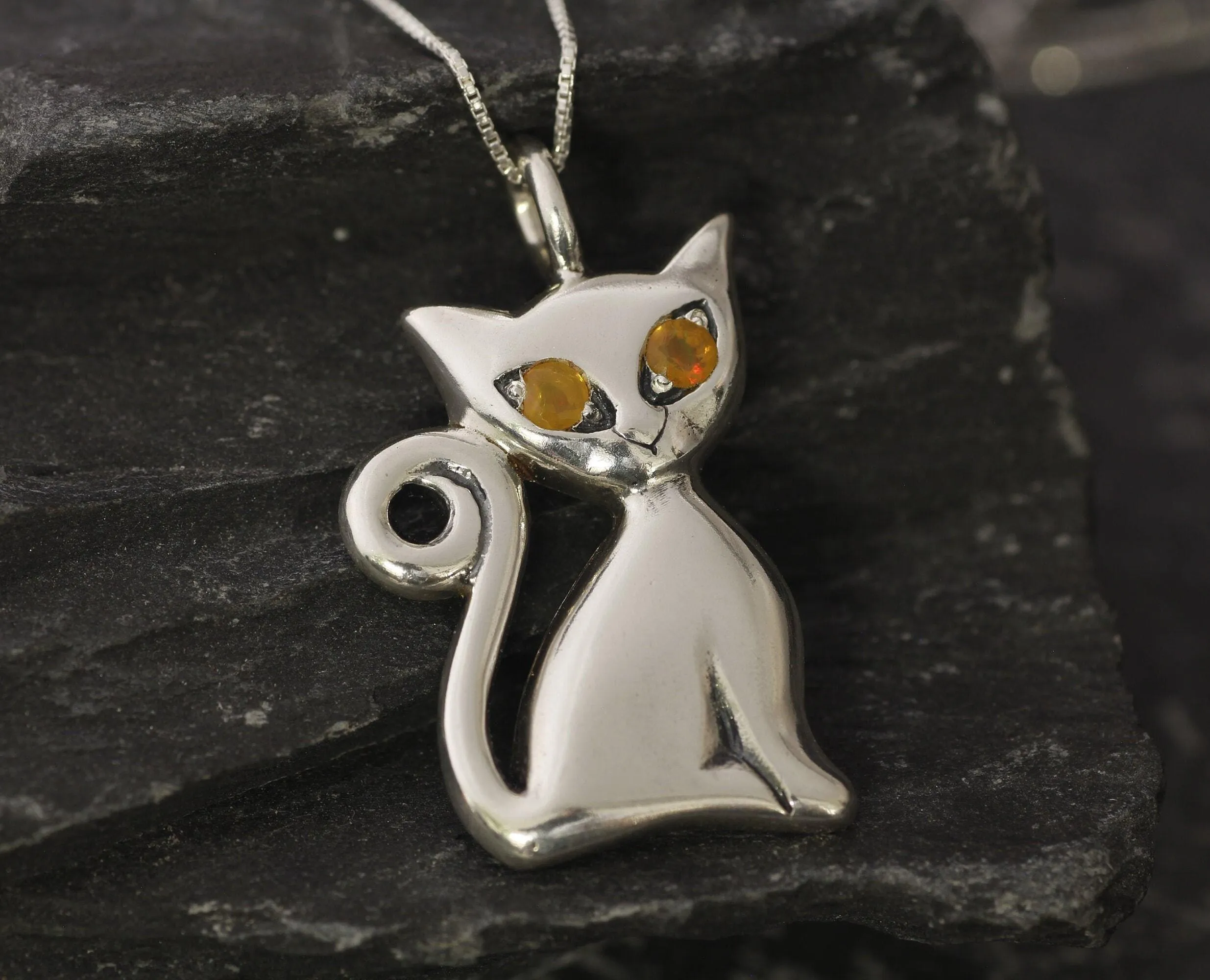 Cat Opal Pendant - Real Opal Necklace - Silver Cat Necklace