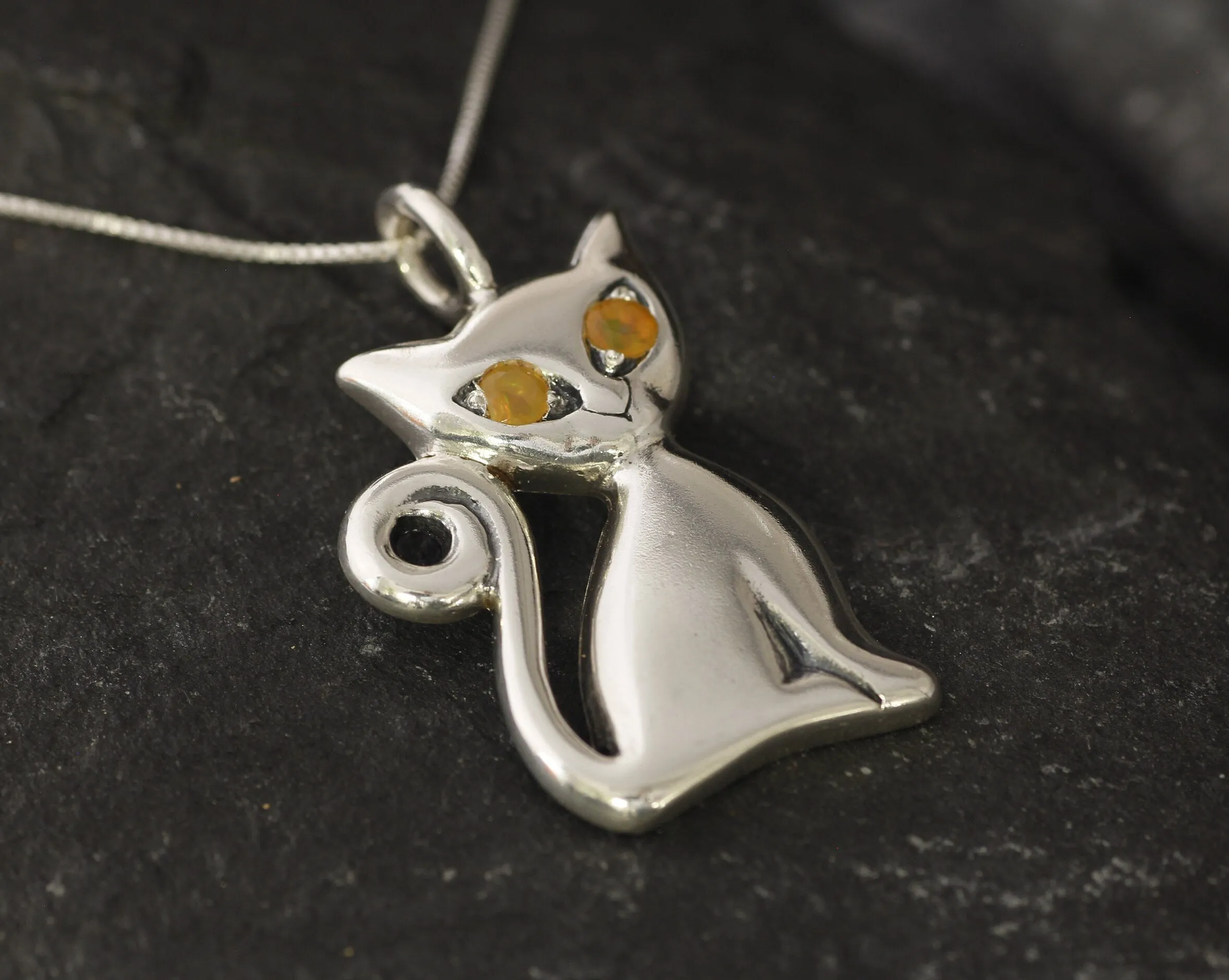 Cat Opal Pendant - Real Opal Necklace - Silver Cat Necklace