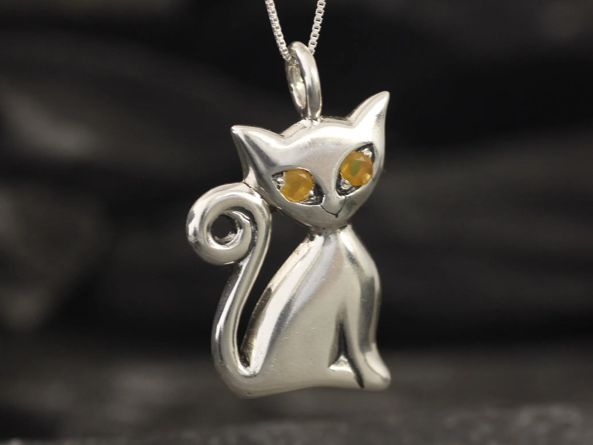 Cat Opal Pendant - Real Opal Necklace - Silver Cat Necklace