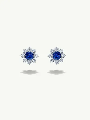 Celestial Blue Sapphire and Diamond Halo Stud Earrings in 18K White Gold