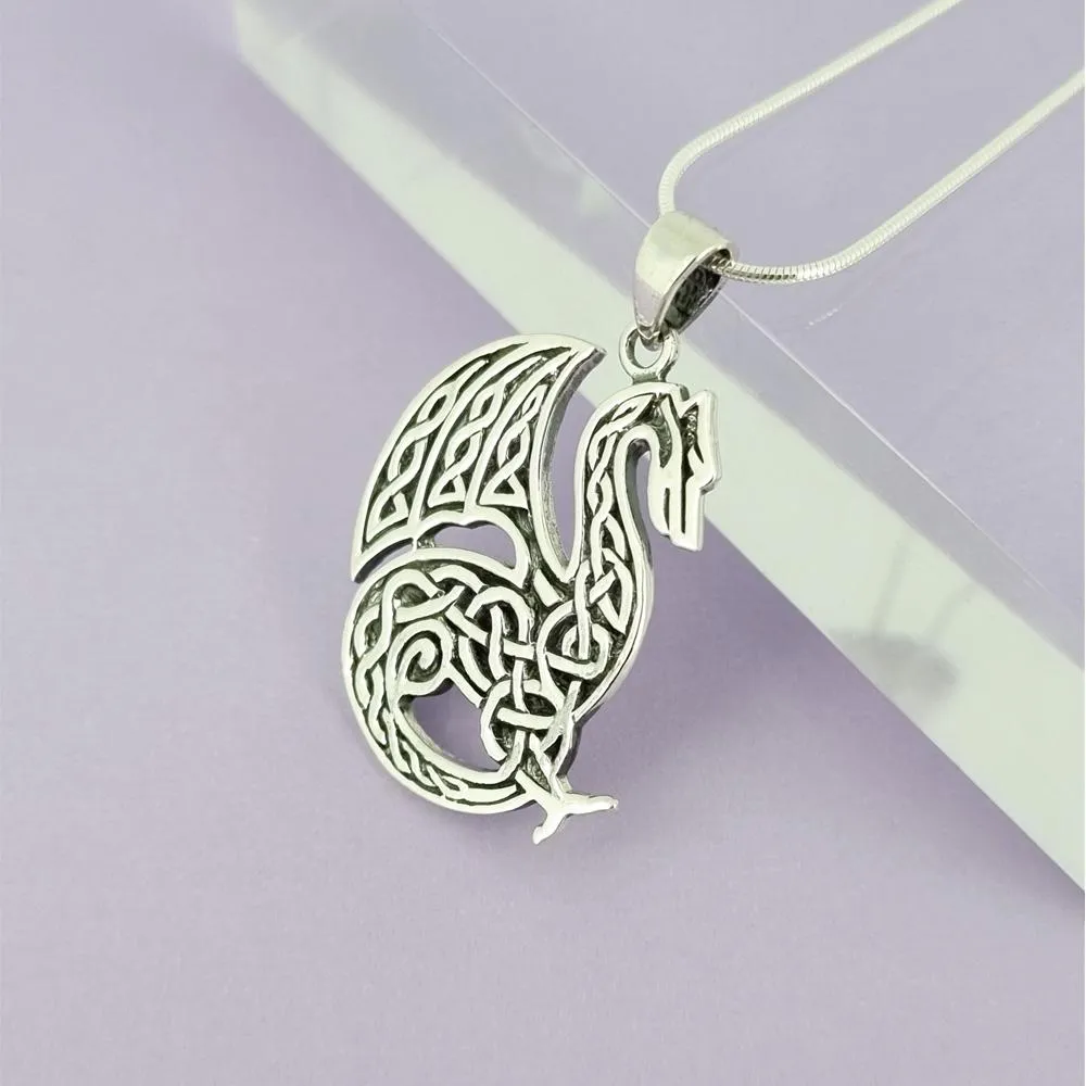 Celtic Dragon Pendant Necklace - 925 Sterling Silver Dragon Pendant on Chain For Men and Women