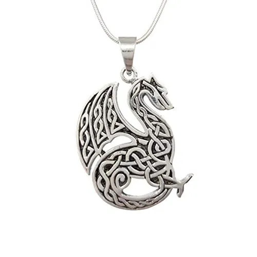 Celtic Dragon Pendant Necklace - 925 Sterling Silver Dragon Pendant on Chain For Men and Women