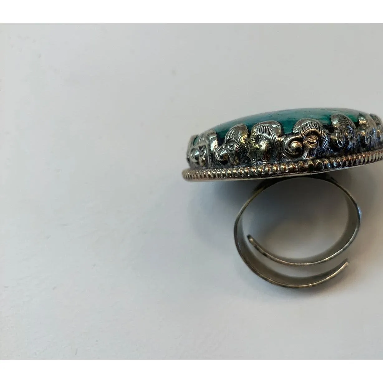 Chrysocola and Silver Adjustable Heart Ornate Ring