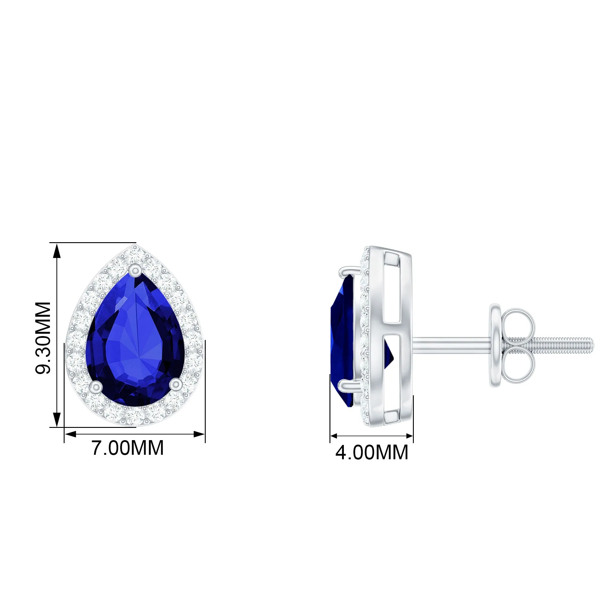 Created Blue Sapphire Teardrop Halo Stud Earrings with Diamond