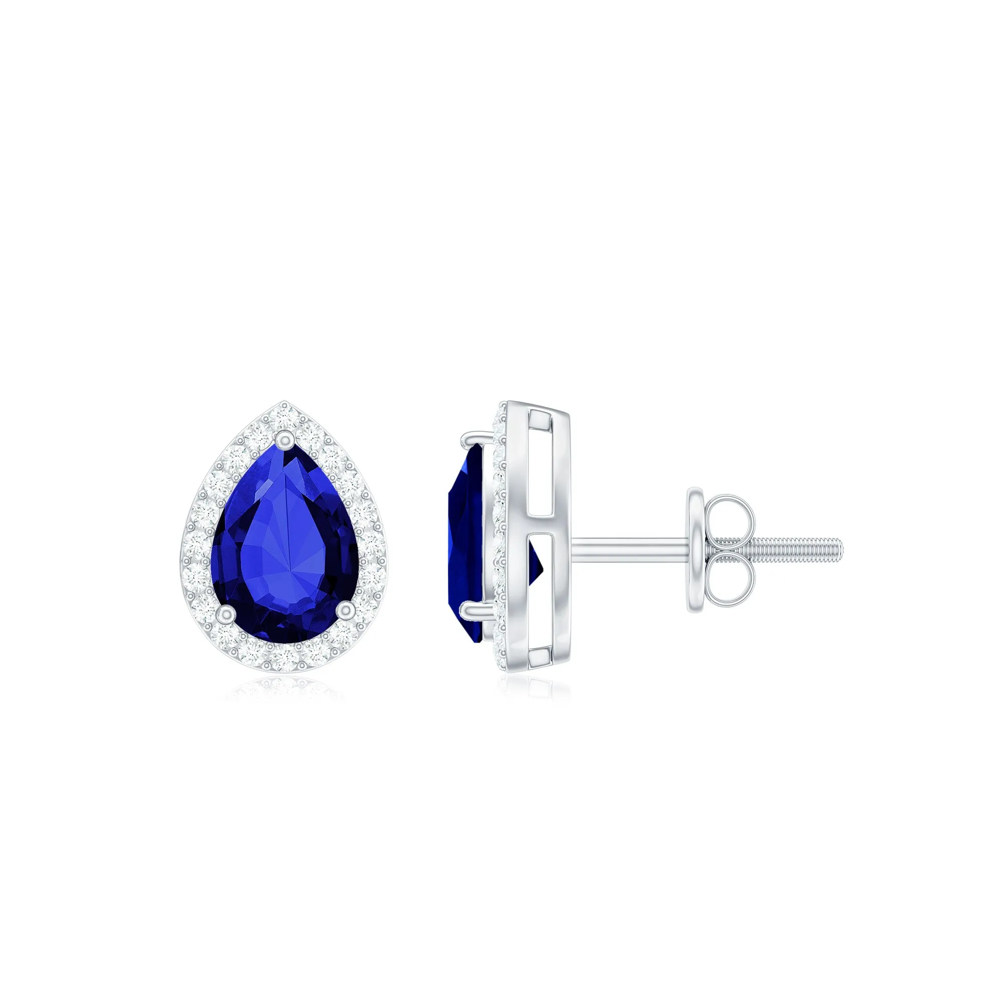 Created Blue Sapphire Teardrop Halo Stud Earrings with Diamond