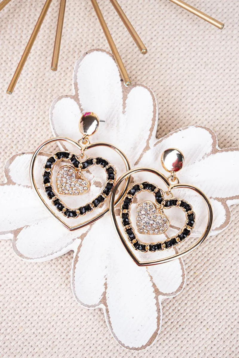 Crystal Avenue Black and Goldtone Desiree Heart Earrings