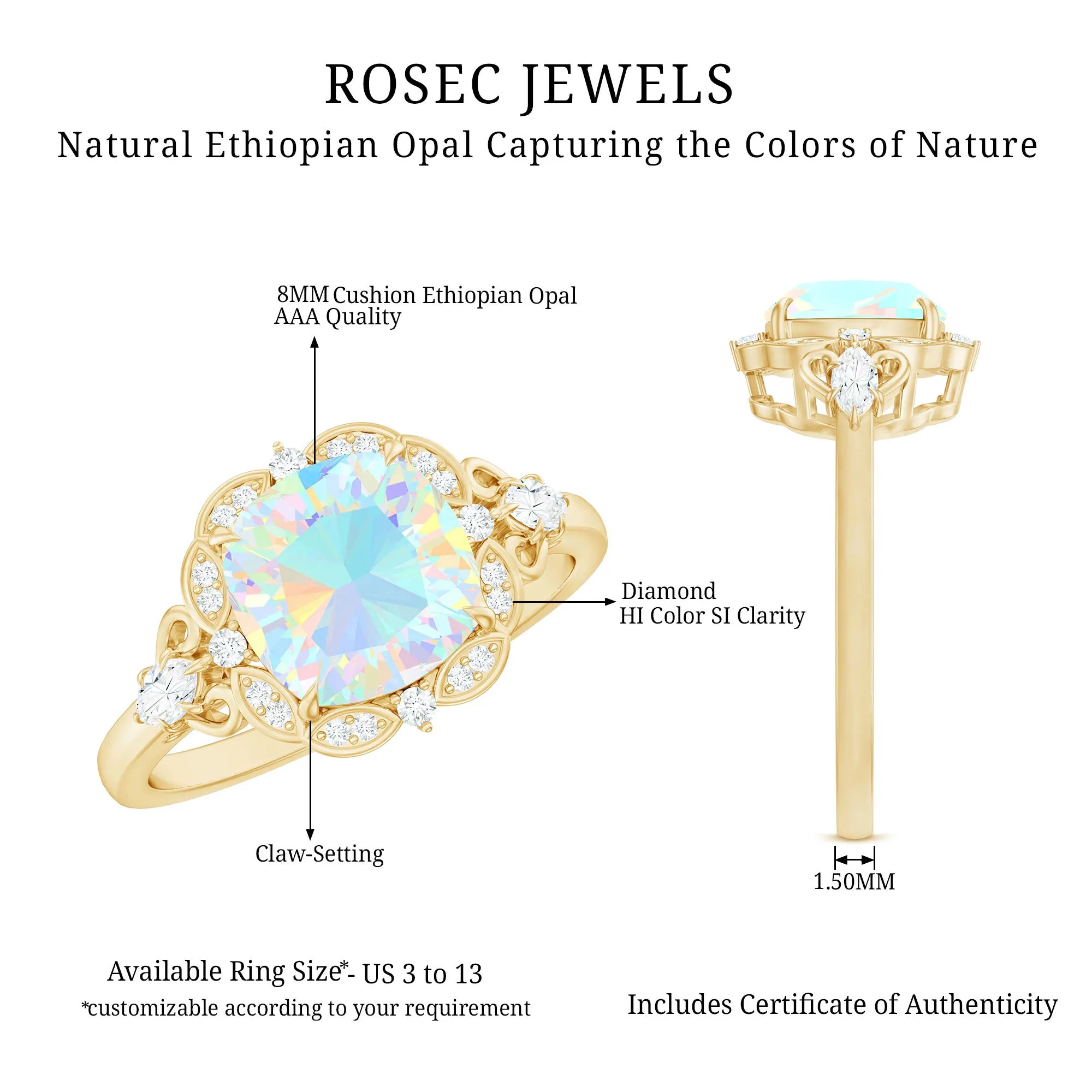 Cushion Cut Ethiopian Opal Cocktail Engagement Ring with Diamond Accent