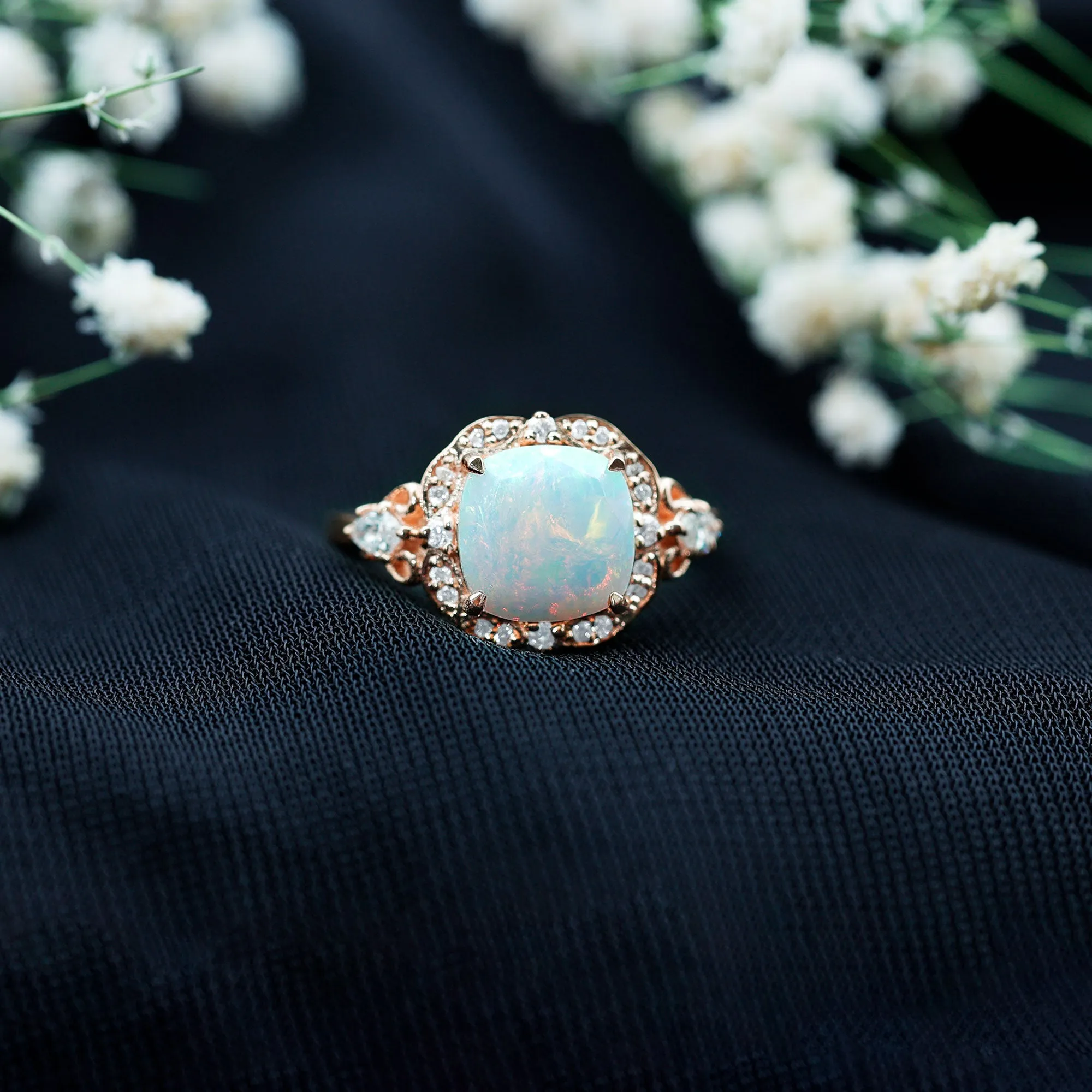 Cushion Cut Ethiopian Opal Cocktail Engagement Ring with Diamond Accent