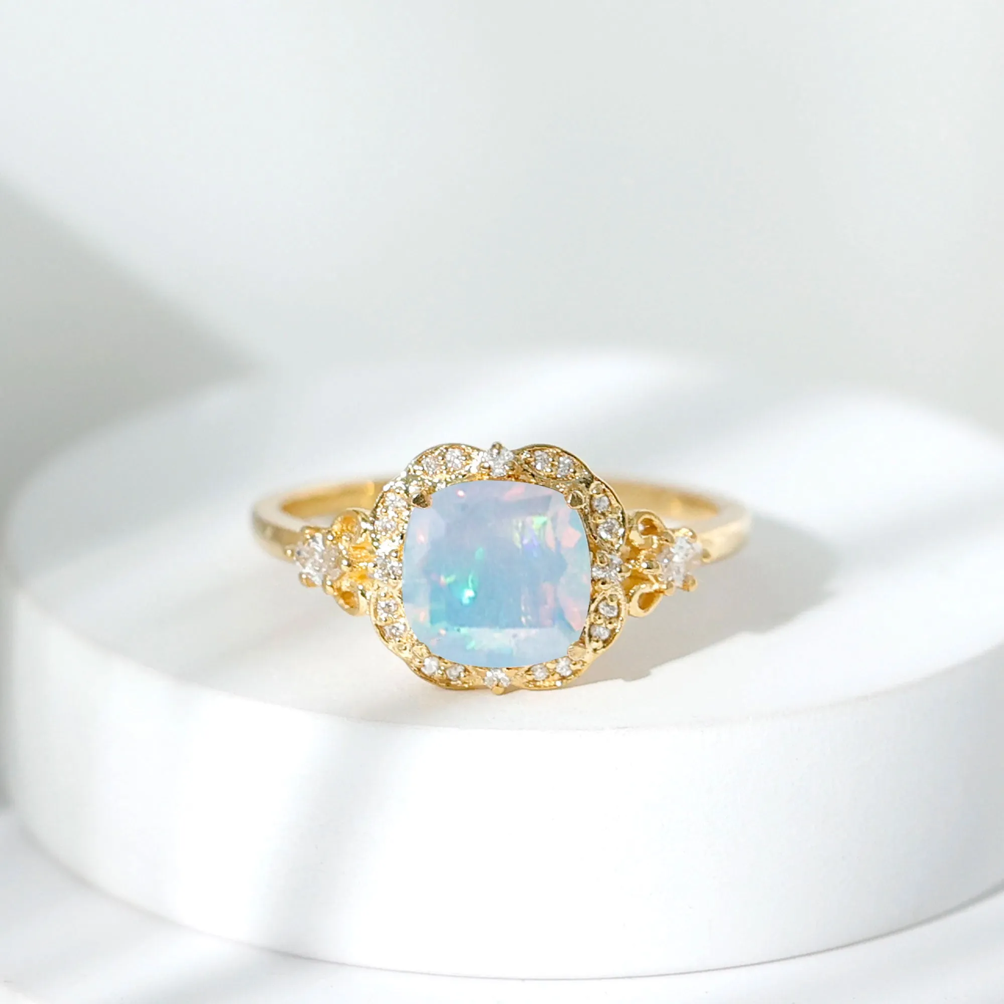 Cushion Cut Ethiopian Opal Cocktail Engagement Ring with Diamond Accent