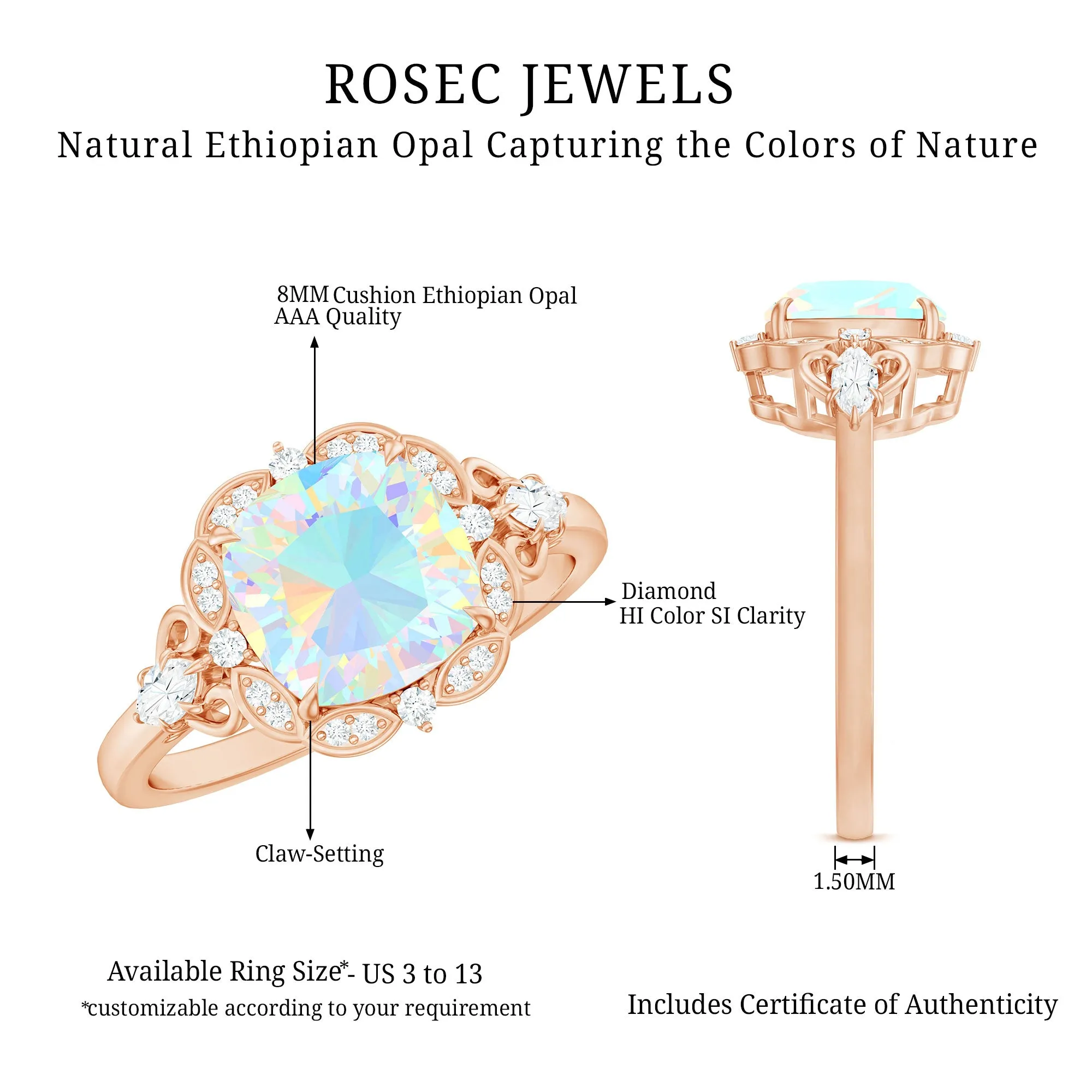 Cushion Cut Ethiopian Opal Cocktail Engagement Ring with Diamond Accent