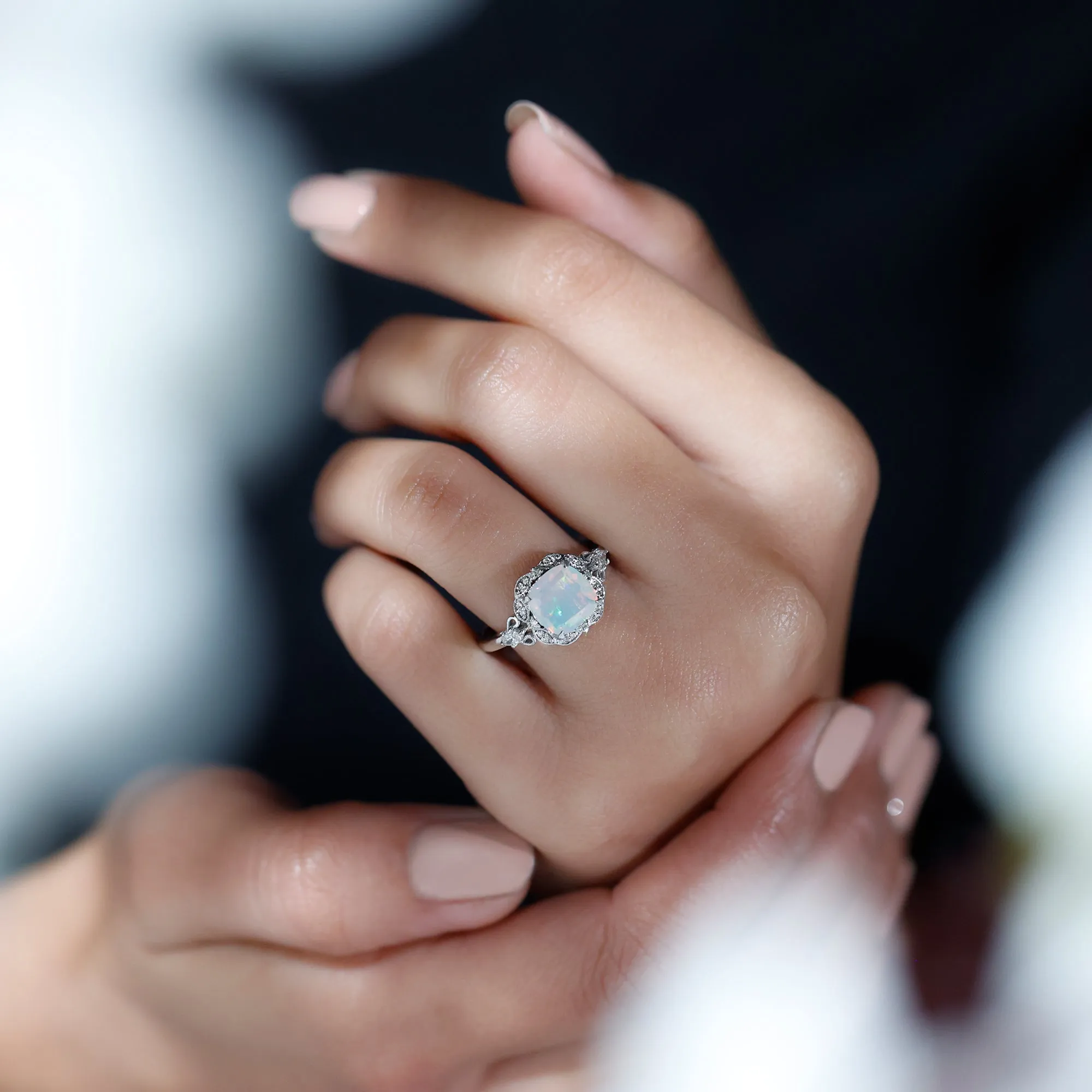 Cushion Cut Ethiopian Opal Cocktail Engagement Ring with Diamond Accent