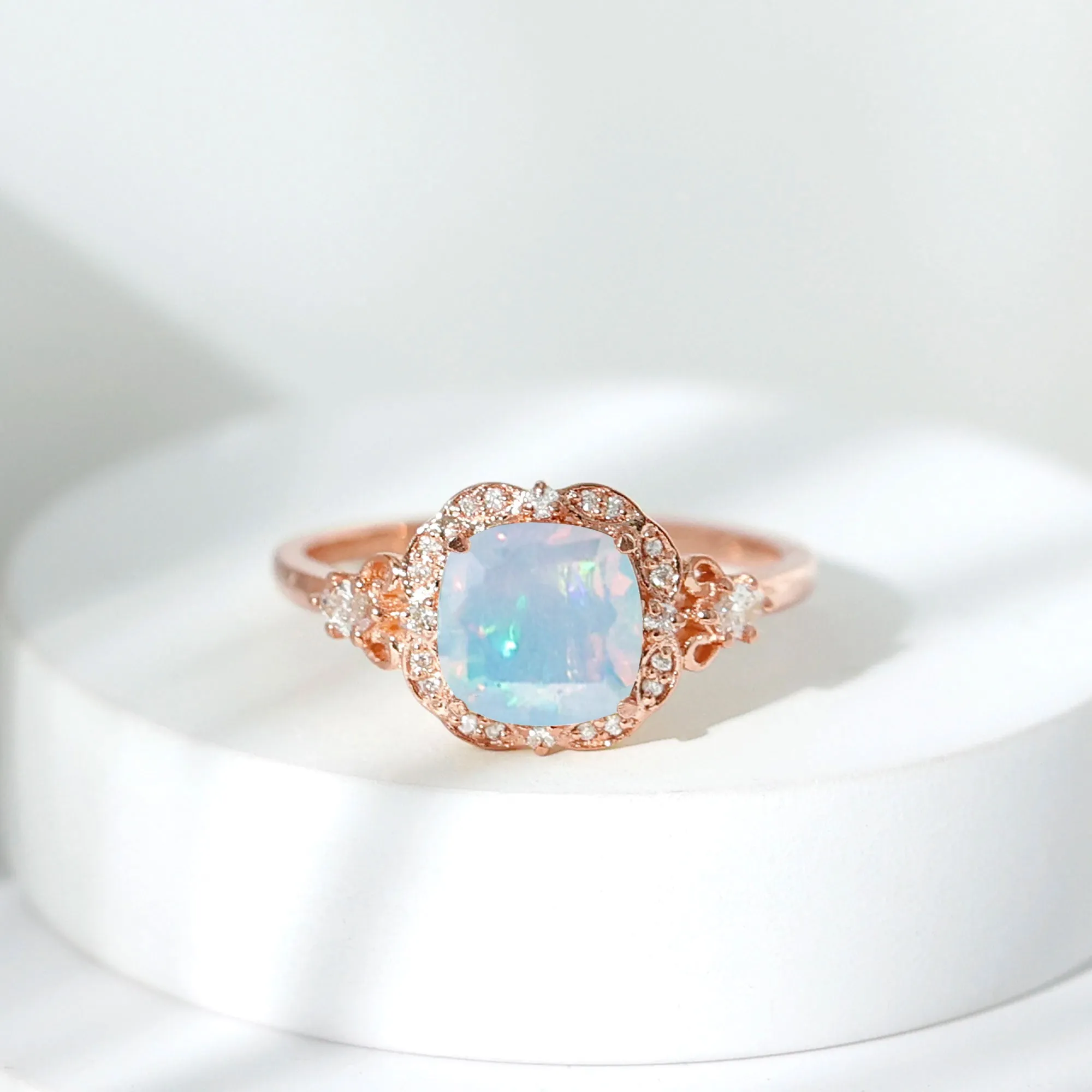 Cushion Cut Ethiopian Opal Cocktail Engagement Ring with Diamond Accent