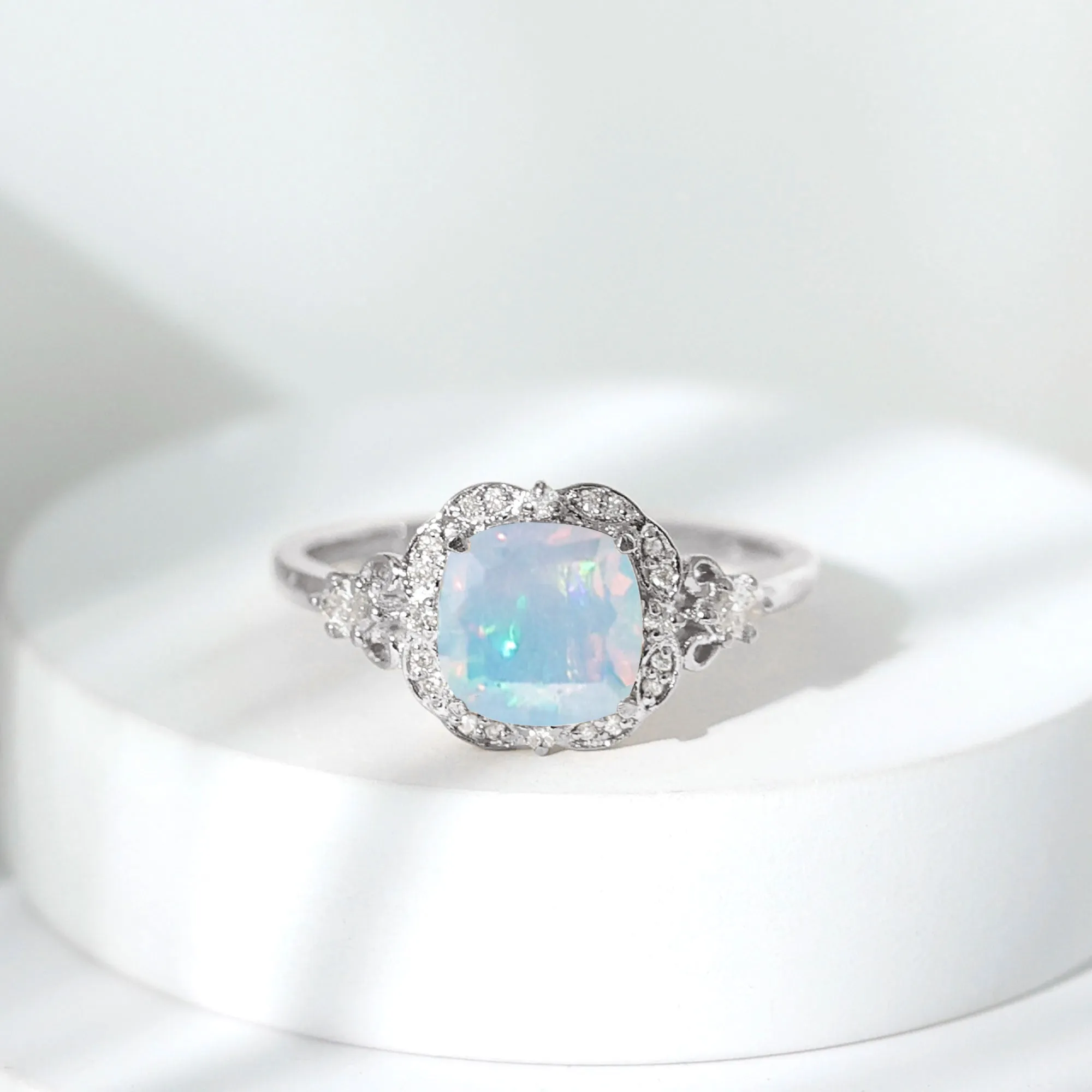 Cushion Cut Ethiopian Opal Cocktail Engagement Ring with Diamond Accent