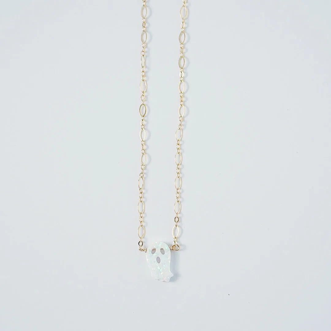 Dainty Opal Ghost Necklace - Choose Your Metal; Halloween Necklace