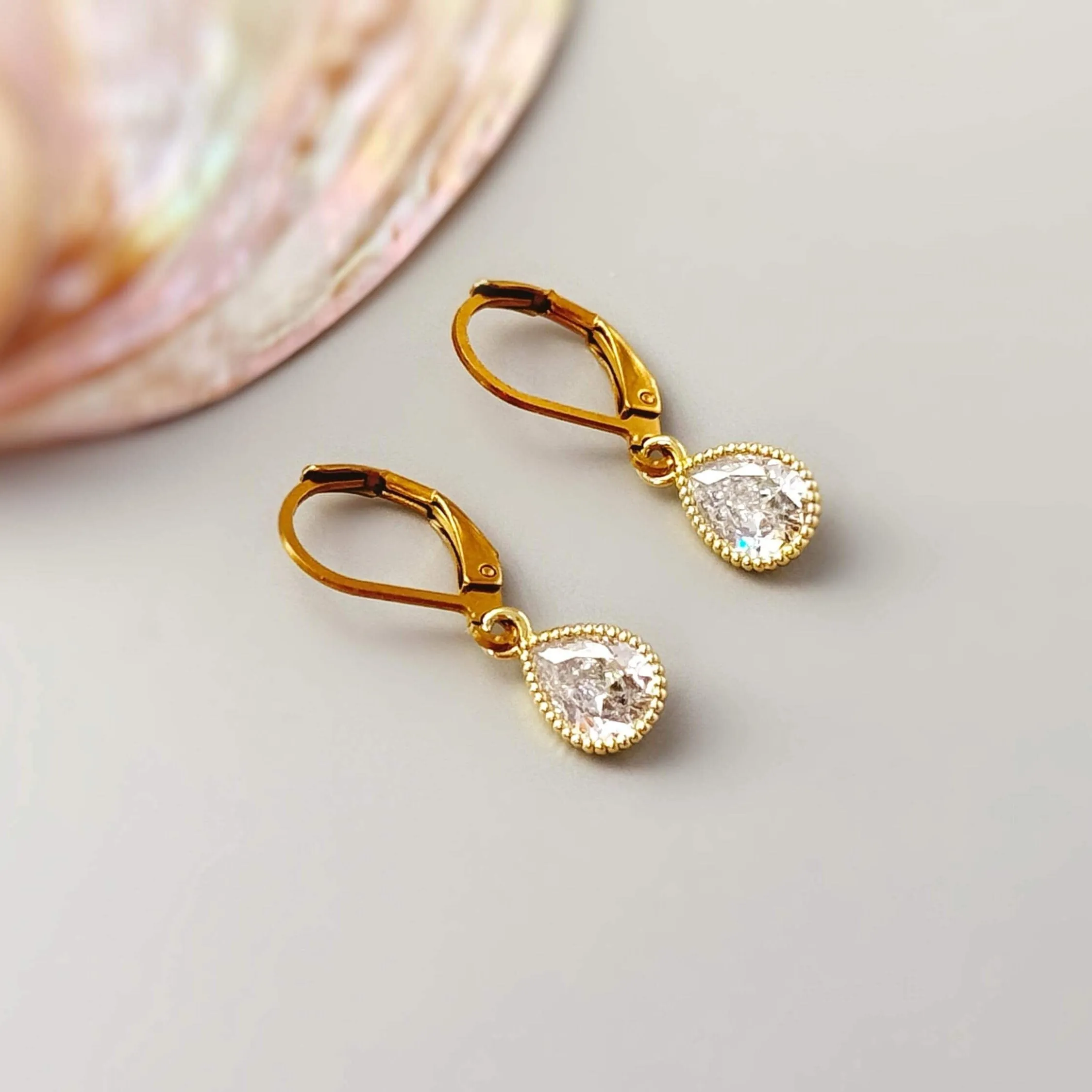 Dainty Tear Drop Crystal Earrings dangle 14k gold