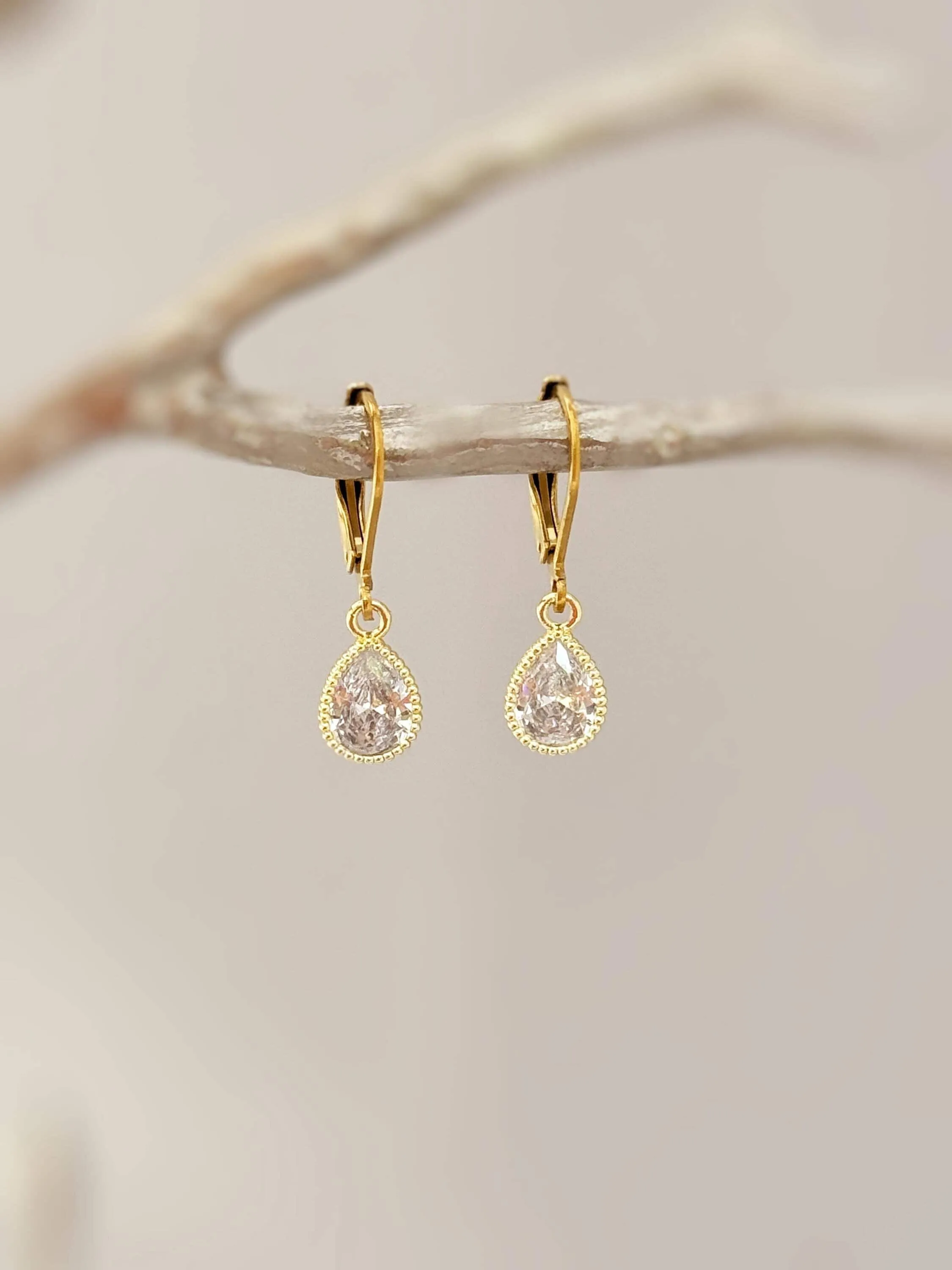 Dainty Tear Drop Crystal Earrings dangle 14k gold