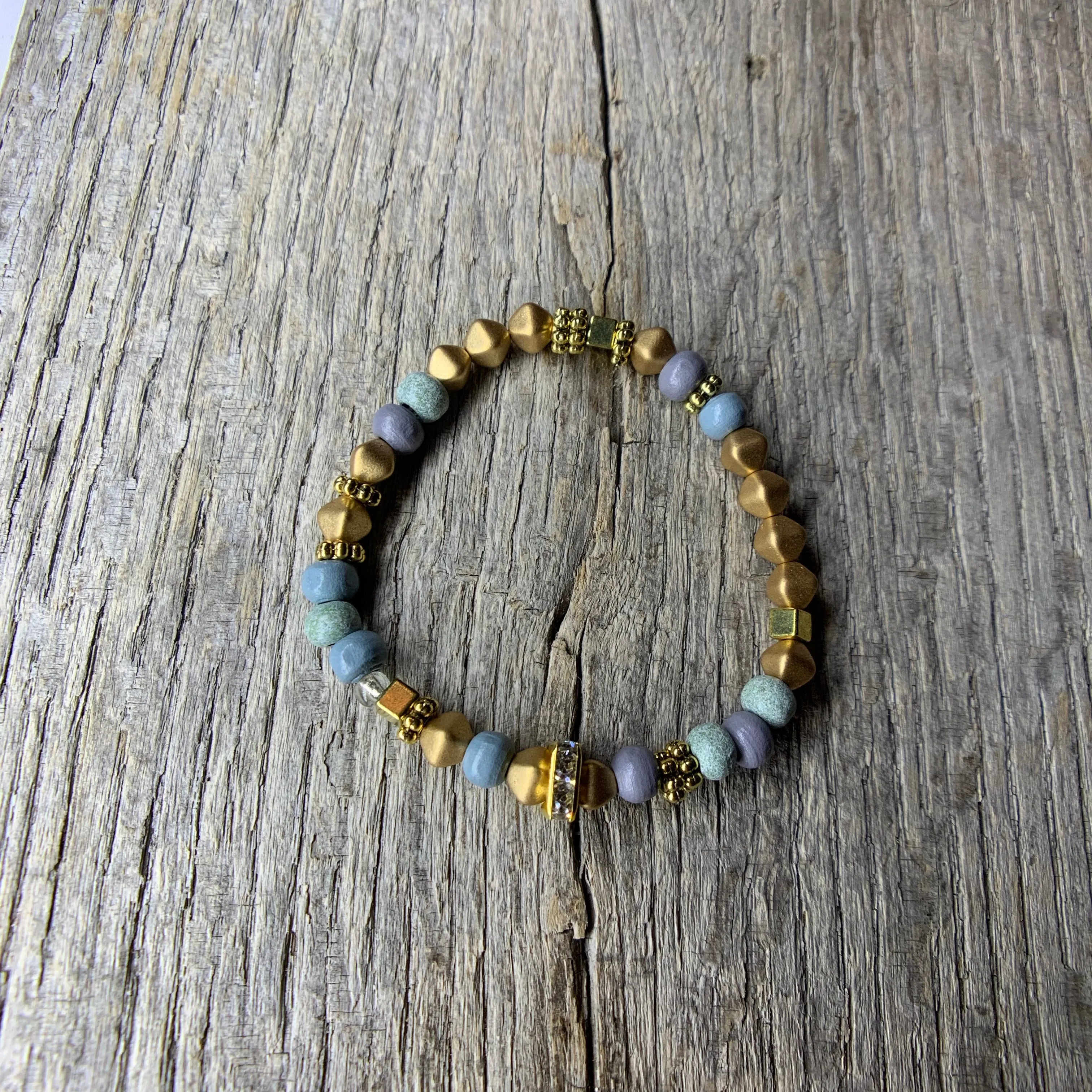 Delicate Gold Metal & Iris Wooden Beaded Bracelet