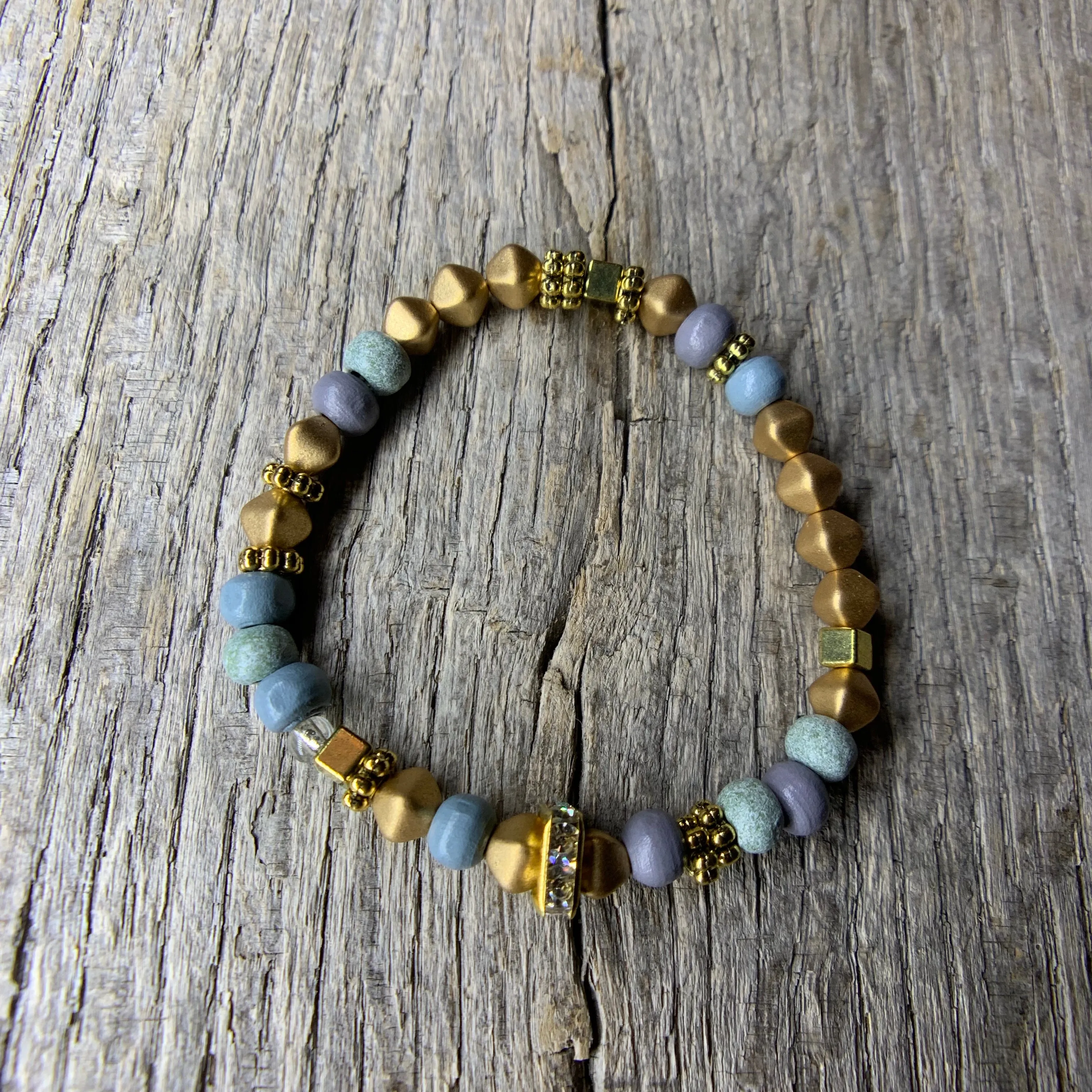 Delicate Gold Metal & Iris Wooden Beaded Bracelet