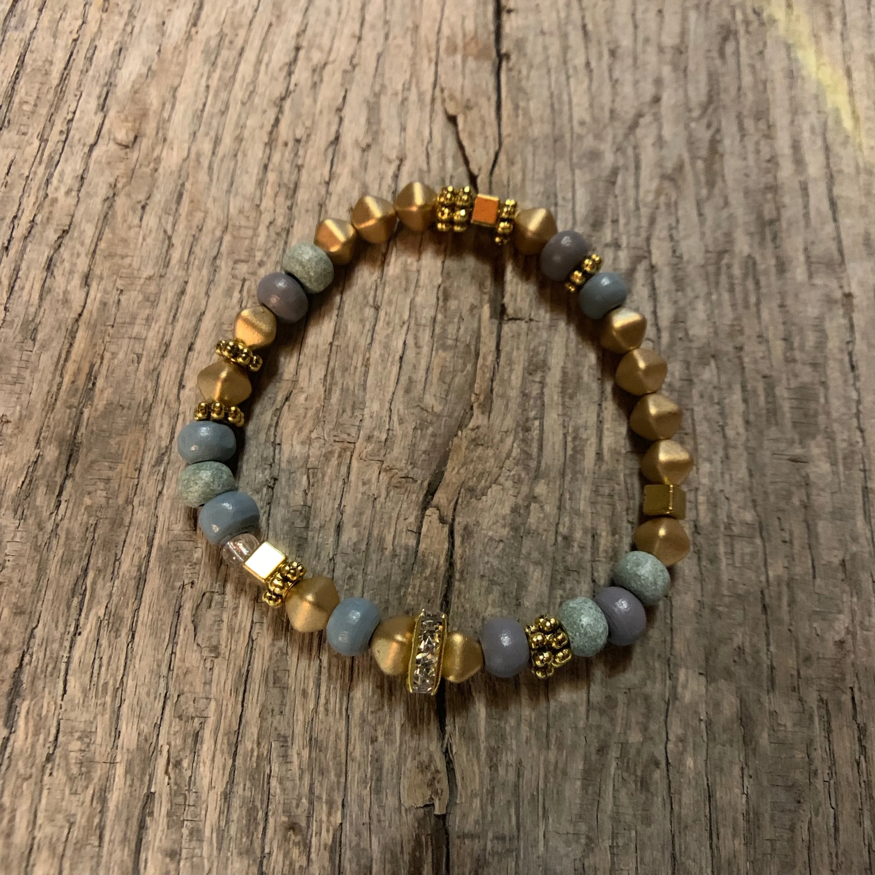 Delicate Gold Metal & Iris Wooden Beaded Bracelet