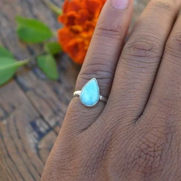 Dominican Larimar Gemstone Ring, Bezel Setting Statement Ring, 925 Sterling Silver Ring, Dominican Larimar Jewelry, Nickel Free Ring