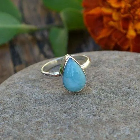 Dominican Larimar Gemstone Ring, Bezel Setting Statement Ring, 925 Sterling Silver Ring, Dominican Larimar Jewelry, Nickel Free Ring