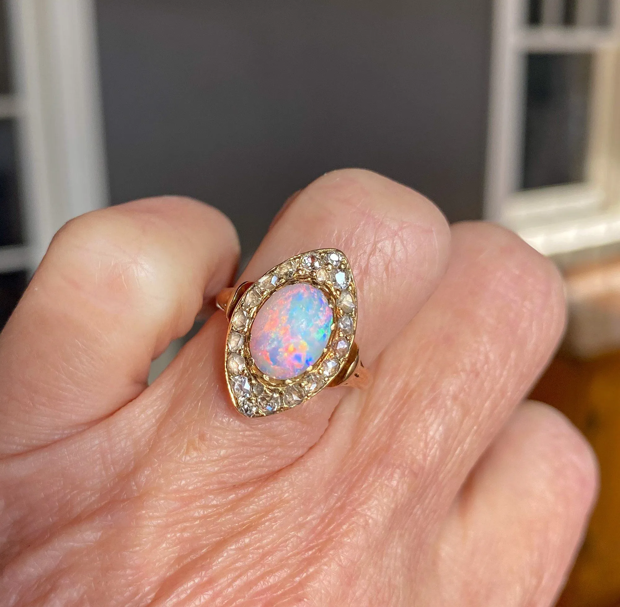 Edwardian Opal Navette Mine Cut Diamond Cluster Ring