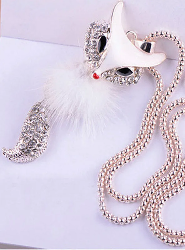 Embedded Crystal Fox Long Necklace