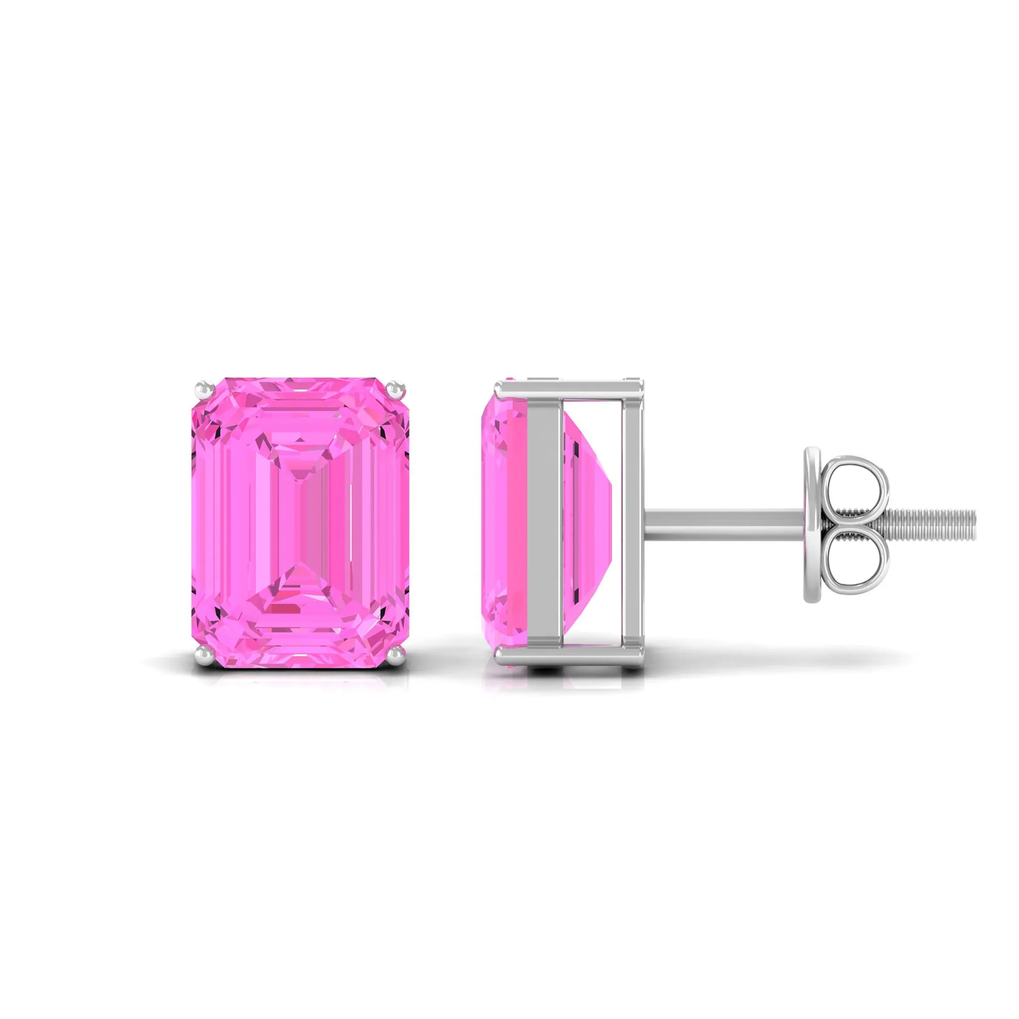 Emerald Cut Created Pink Sapphire Solitaire Stud Earrings