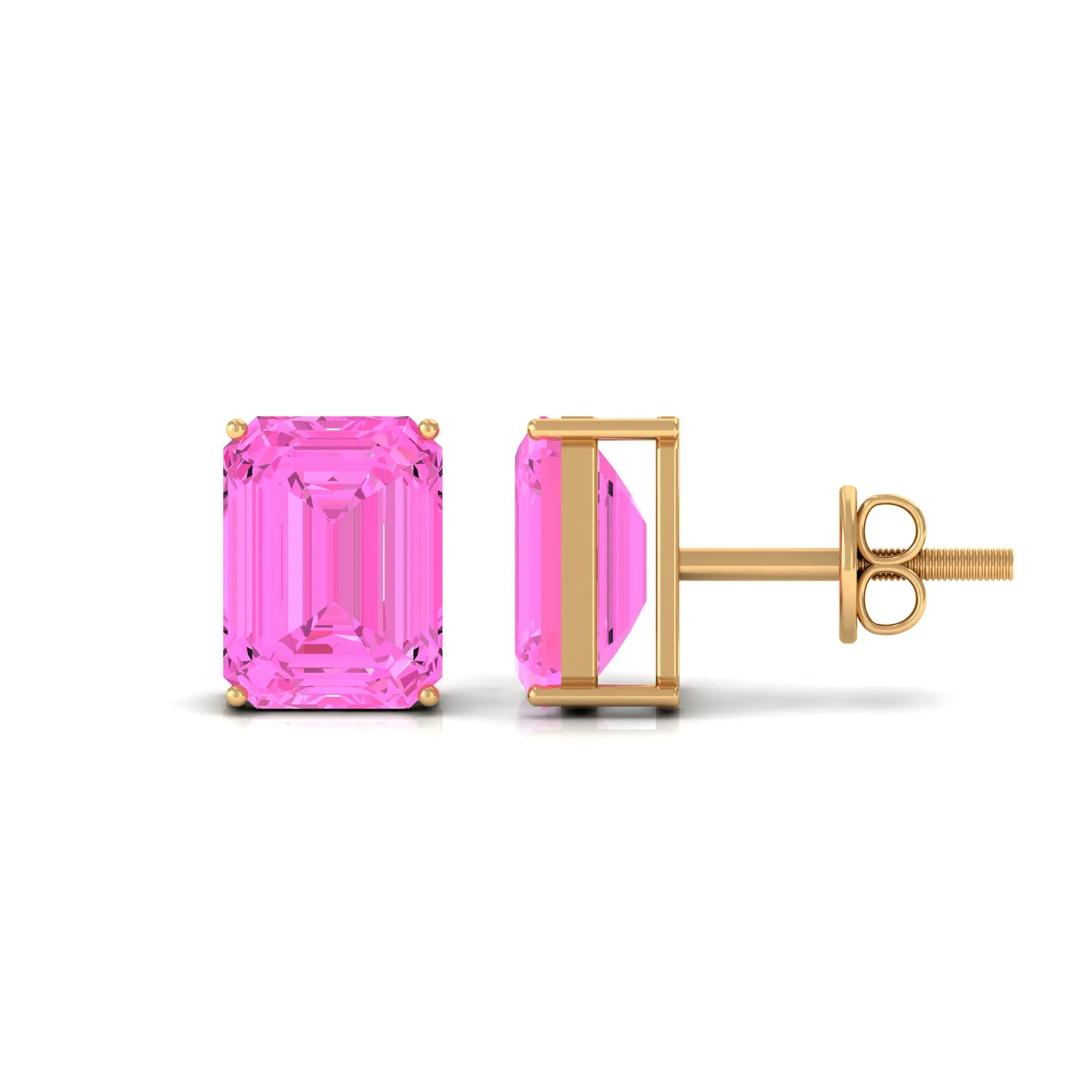 Emerald Cut Created Pink Sapphire Solitaire Stud Earrings