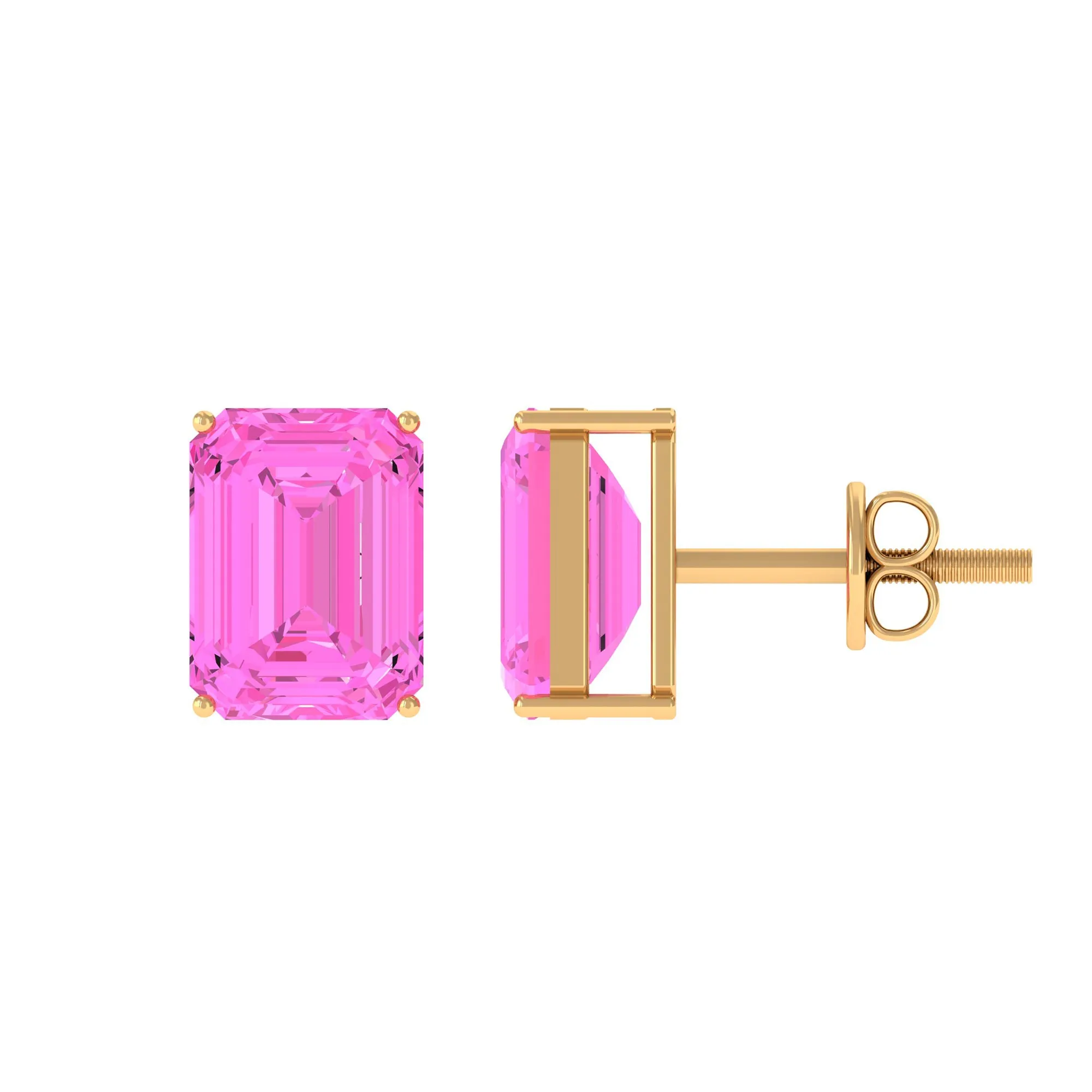 Emerald Cut Created Pink Sapphire Solitaire Stud Earrings