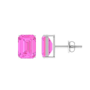 Emerald Cut Created Pink Sapphire Solitaire Stud Earrings