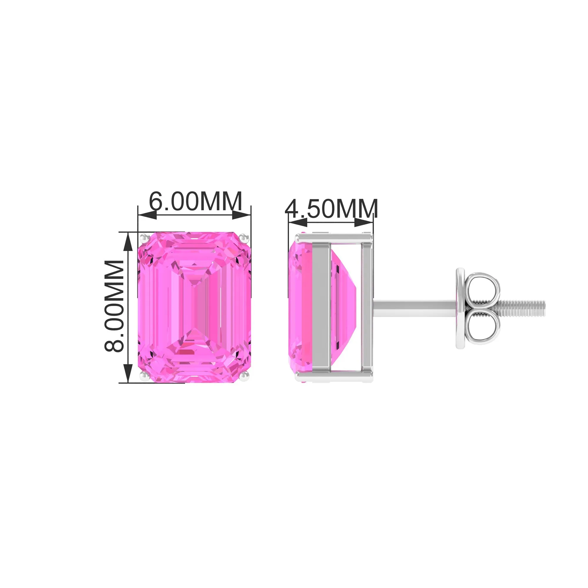 Emerald Cut Created Pink Sapphire Solitaire Stud Earrings