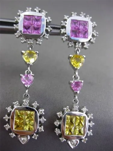 ESTATE LONG 8.42CT AAA MULTI SAPPHIRE 18KT WHITE GOLD HEART HANGING EARRINGS