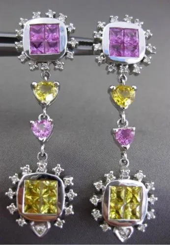 ESTATE LONG 8.42CT AAA MULTI SAPPHIRE 18KT WHITE GOLD HEART HANGING EARRINGS