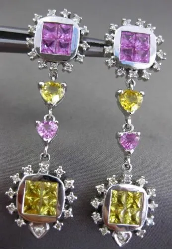 ESTATE LONG 8.42CT AAA MULTI SAPPHIRE 18KT WHITE GOLD HEART HANGING EARRINGS