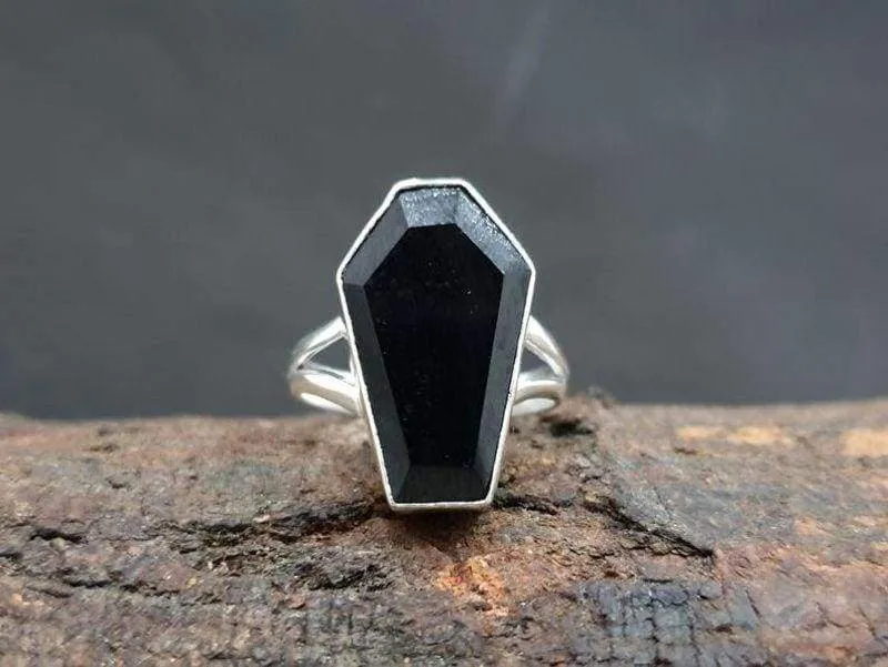 Faceted Cut Black Onyx Coffin Ring, Solid 925 Sterling Silver, Coffin Gemstone, Engagement Ring, Handmade, Onyx Coffin Ring, Ring For Her, Gift Ring