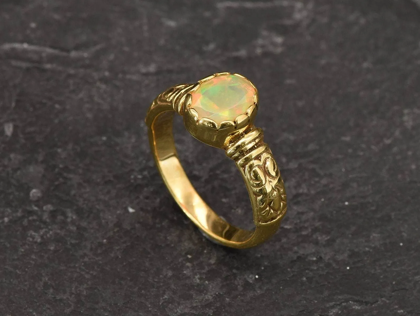 Fire Opal Gold Ring - Opal Boho Band - October Birthstone Ring