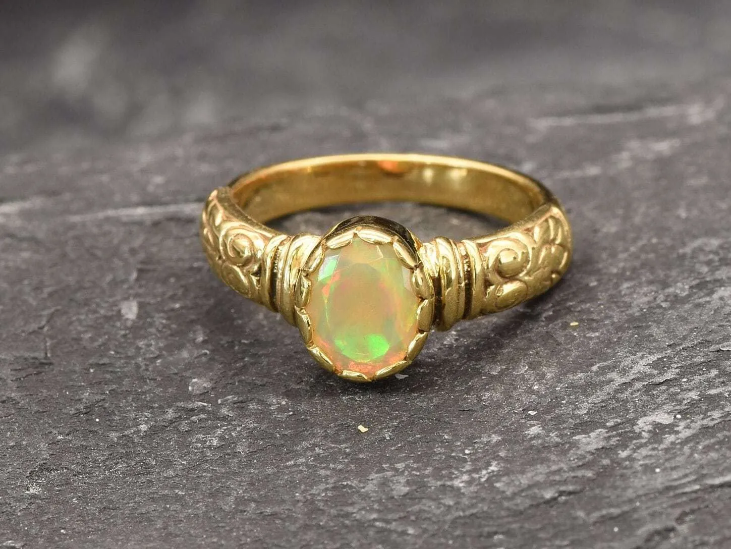 Fire Opal Gold Ring - Opal Boho Band - October Birthstone Ring