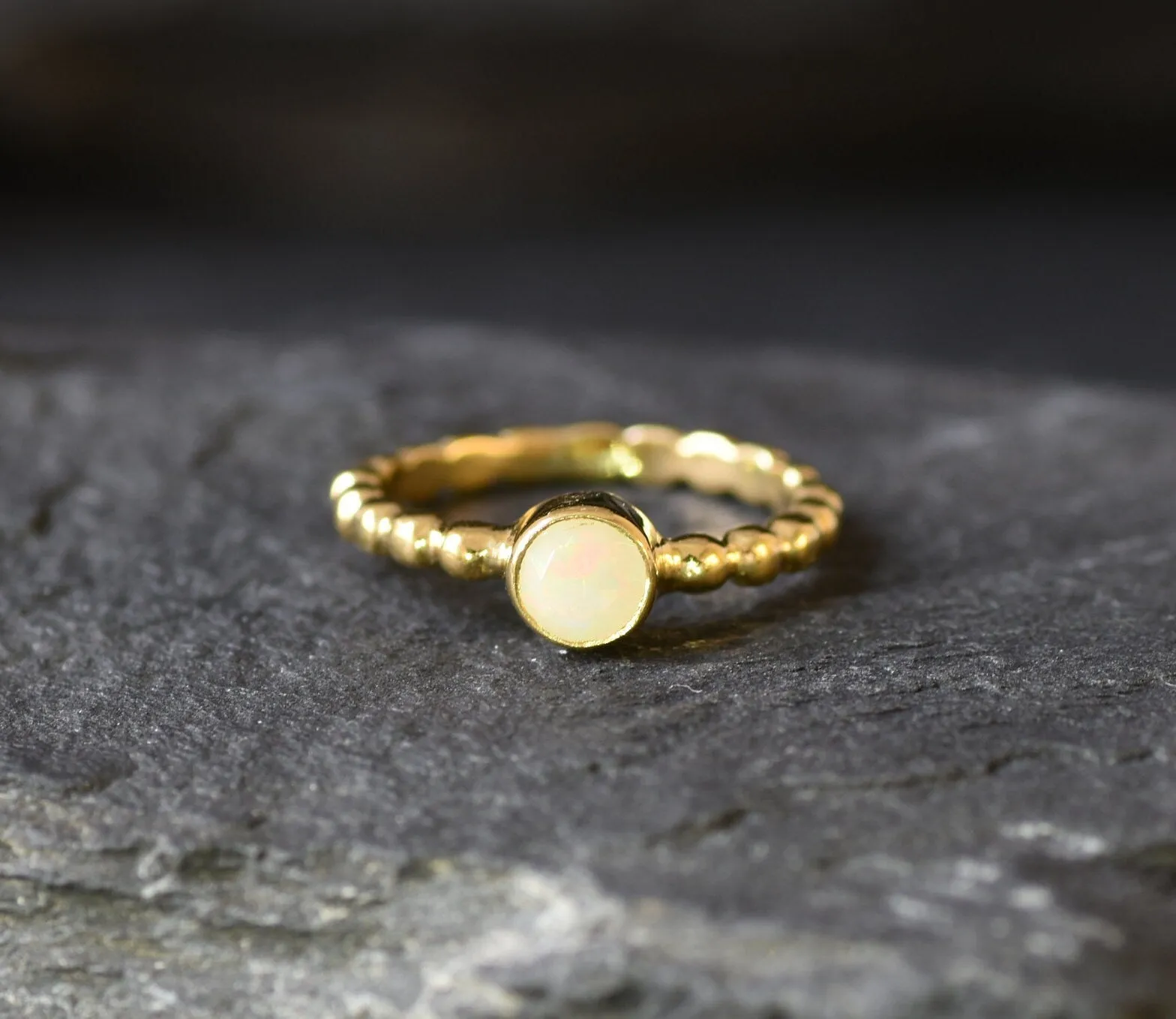 Fire Opal Ring - Gold Bubble Band - Solitaire Opal Ring